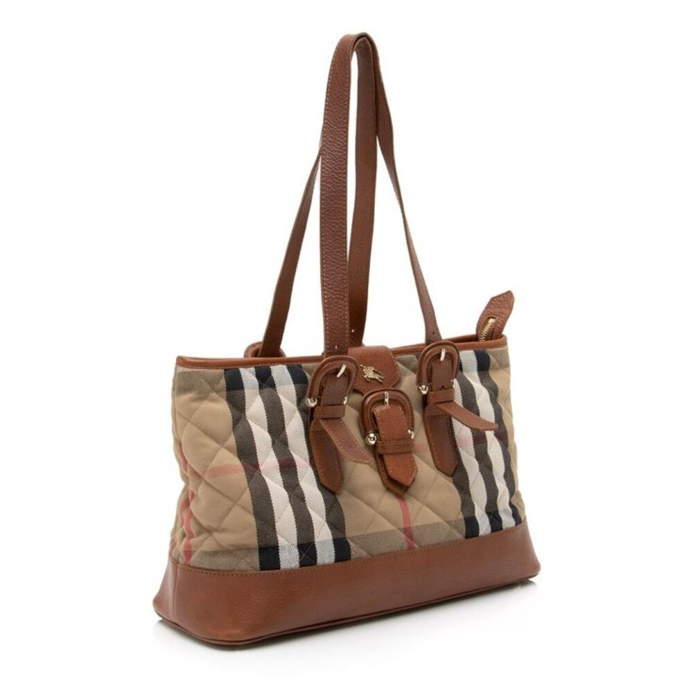 Authentic Burberry Brown Quilted House Check Fabric Tote - Picture 1 of 11